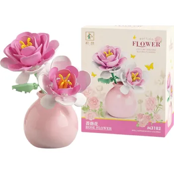 ostatní stavebnice Skládačka květina Růžová růže v růžové váze Elegantní dekorace z plastových stavebnicových dílků Stylová květinová ozdoba