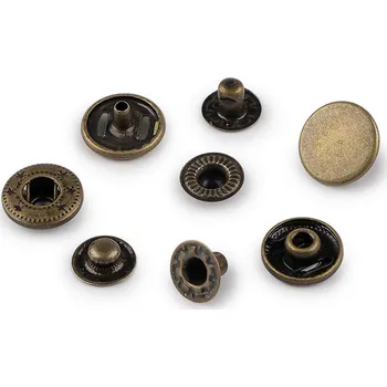 Knoflíky stiskací s pérkem Ø15 mm na středně silné látky, z nerezové oceli, barva 3 staromosaz