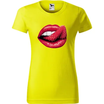 Dámské tričko levne-damske-bavlnene-tricko-potisk-rty-jahody Velikost dámská trička Basic: M šířka 47, délka 63, Odstín dámské tričko Basic: Citronové