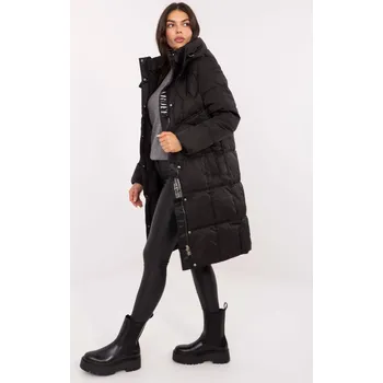 Dámský kabát Dlouhý černý prošívaný kabát s kapucí MBM-PL-