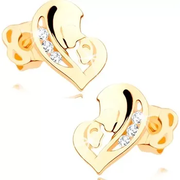 Náušnice Náušnice ve žlutém 14K zlatě - asymetrické srdce ze dvou tváří, čiré zirkony