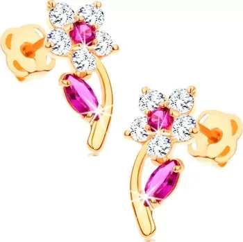 Náušnice Zlaté náušnice 585 - blýskavý květ zdobený čirými a růžovými zirkony