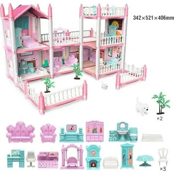 ostatní stavebnice Růžový domeček pro panenky 342 x 521 x 406 mm Šestipokojový plastový dům s kuchyní Nábytkem Pejskem Stromy a doplňky Velký rodinný domek pro děti