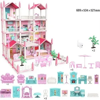 ostatní stavebnice Růžový domeček pro panenky 609 x 534 x 521 mm Čtrnáctipokojový plastový dům s kuchyní Nábytkem Pejskem Stromy Houpačkou a doplňky Velký dům pro děti