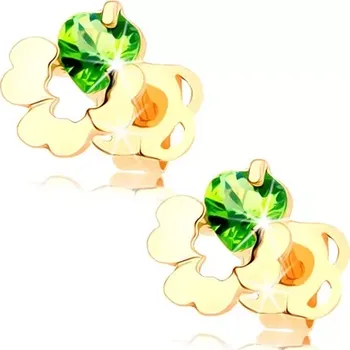 Náušnice Puzetové náušnice ve žlutém 14K zlatě - čtyřlístek s výřezem, zelený zirkonek