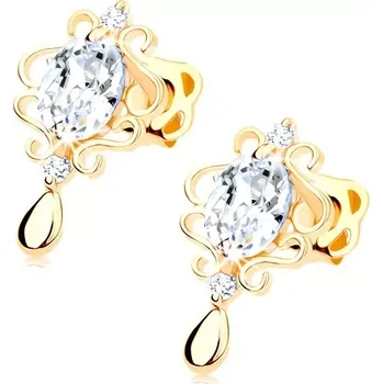 Náušnice Náušnice ve žlutém 14K zlatě - oválný čirý zirkon lemovaný ornamenty, slza