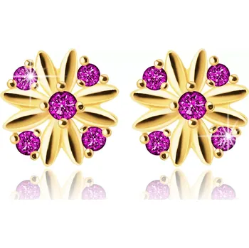 Náušnice Zlaté 585 náušnice - květ s podlouhlými okvětními lístky, růžovočervené zirkony