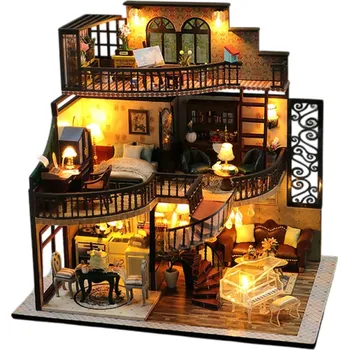 ostatní stavebnice Domek pro panenky 24 x 17 x 23,5 cm Miniaturní LED stavebnice s nábytkem Realistický model s detaily Dekorativní osvětlený domek pro kreativní tvoření