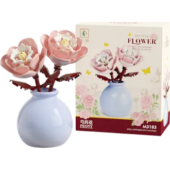 ostatní stavebnice Skládačka květina Růžová pivoňka v modré váze Elegantní dekorace z plastových stavebnicových dílků Stylová květinová ozdoba