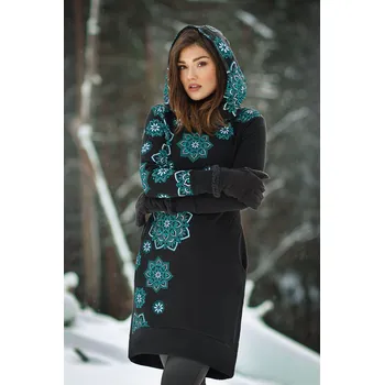 Dámská mikina Himalife Šatomikina s maxi kapucí Pokhara - černá s tyrkysovou Velikost: XXL - Móda pro plnoštíhlé, Oblečení nadměrné velikosti