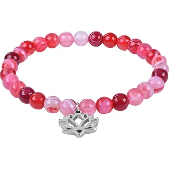 Náramek Korálkový náramek z růžového achátu s lotosovým květem Troli / Délka: 18 cm