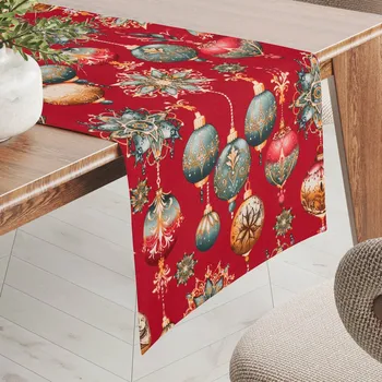 ubrus Bavlněný běhoun na stůl Sandra SA-528 Vánoční baňky na červeném 20x140 cm