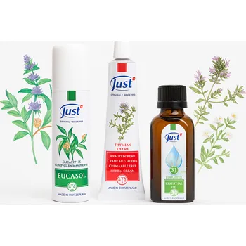 Kosmetická sada JUST Eucasol – sprej s esenciálními oleji 50 ml + Tymiánový krém 60 ml + Olej z 31 bylin 50 ml