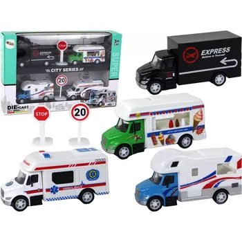 autíčko Sada mini vozidel s pružinovým pohonem 1:87 – kamion, sanitka, zmrzlinový vůz a karavan