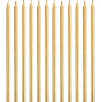 Dortová svíčka Zlaté dlouhé svíčky na dort k narozeninám sada 12 kusů narozeninové