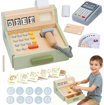 Dřevěná hračka DŘEVĚNÁ POKLADNA PRODEJNÍ + PŘÍSLUŠENSTVÍ EDUKAČNÍ HRAČKA PRO DĚTI