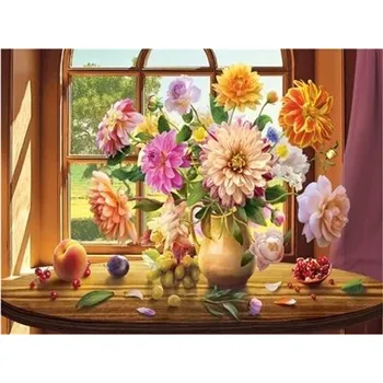 Obraz Diamantová Mozaika Kytice Aster na Okenním Parapetu 30x40 cm Kreativní