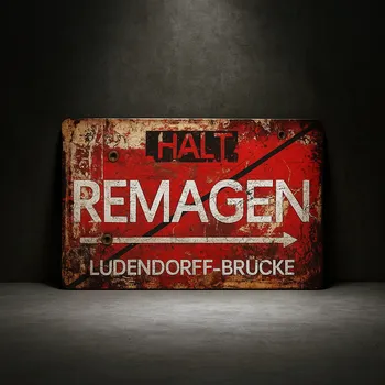 Plechová cedule SUPERATOR Retro plechová cedule WW2 HALT REMAGEN – Ludendorffův most, 30×20 cm | skladem v ČR | rychlé odeslání | sběratelský motiv WW2 |