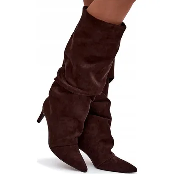 Dámské kozačky DÁMSKÉ KOZAČKY Z EKO SEMIŠE NA JEHLOVÉM PODPATKU, ZATEPLENÉ, ČOKOLÁDOVÉ BARVY, VELIKOST 41