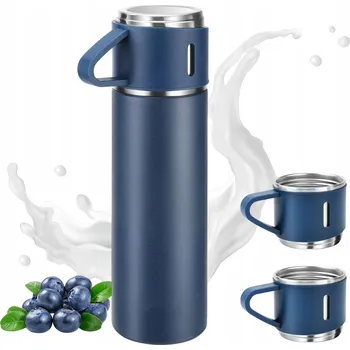 Termoska TERMOSKA Z NEREZOVÉ OCELI 500 ML S VAKUOVOU IZOLACÍ, SADA 3 HRNKŮ, MODRÁ