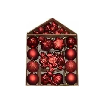 Vánoční dekorace VÁNOČNÍ BAŇKY LESKLÉ ČERVENÉ TVARY, SADA OZDOB, 32 KS