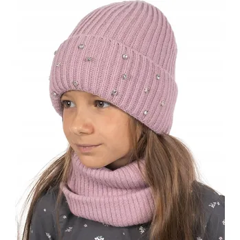Čepice Pudrová Sada Čepice a Nákrčník pro Dívky Zimní Teplá s Cirkony
