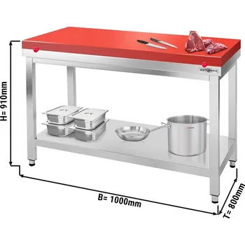 Jídelní stůl G.Gastro Stainless Steel Butcher Work Table with Cutting Board PREMIUM – 1000x800 mm - Red board, 60 mm top