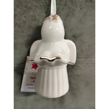 Vánoční dekorace Porcelánový andělíček bílý se zlatým okrajem, závěsná dekorace 6 cm