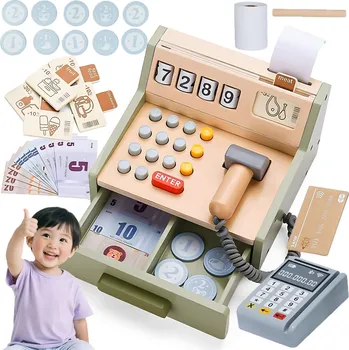 Dřevěná hračka DŘEVĚNÁ POKLADNA PRODEJNÍ + PŘÍSLUŠENSTVÍ EDUKAČNÍ HRAČKA PRO DĚTI