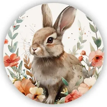 Dekorativní magnet Magnetka 60x60mm ve tvaru kruhu - králíček mezi květinami