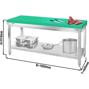 Jídelní stůl G.Gastro Stainless Steel Work Table with Cutting Board PREMIUM – 1800x600 mm - Green board, 60 mm top