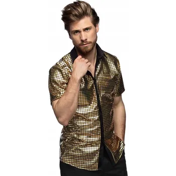 Pánská košile ZLATÁ DISCO KOŠILE S KRÁTKÝM RUKÁVEM S DIAMANTOVÝM VZOREM XL PÁNSKÁ 90. LÉTA