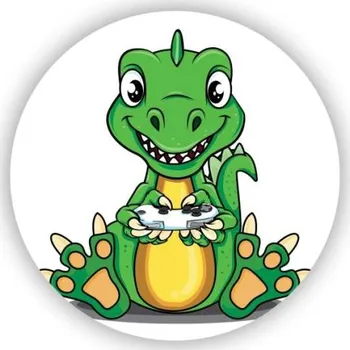 Dekorativní magnet Magnetka 65x65mm ve tvaru kruhu - veselý dino s ovladačem