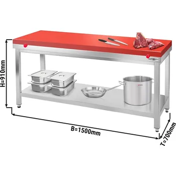 Jídelní stůl G.Gastro Stainless Steel Butcher Work Table with Cutting Board PREMIUM – 1500x700 mm - Red board, 60 mm top