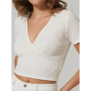 Dámské tričko Sinsay - Crop top - krémová - 0587T-01X - 0587T-01X-XS