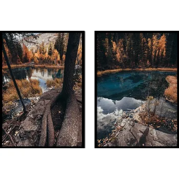 Obraz OBRAZ PLAKÁTY V RÁMU 53x73cm Dyptych Sada 2 obrazů Podzim Jezero P1709