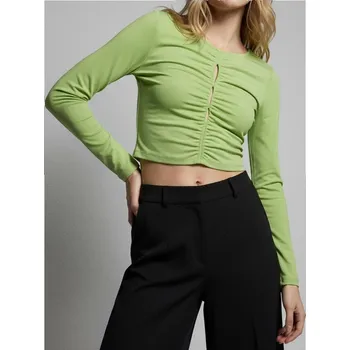 Oblečení a móda Sinsay - Krátká halenka s dlouhým rukávem a řasením vpředu - neonová - 7796J-71X - 7796J-71X-XL