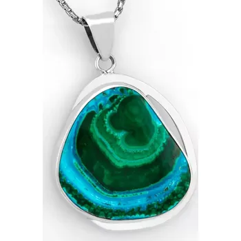 Přívěsek Větší stříbrný přívěsek (Ag 925/1000) s malachitem v chryzokolu QAA, cca 40 x 37 mm, "krása Boyomských vodopádů" (CHLM2098P)