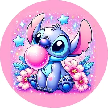 Koberec Disney Kruhový koberec Stitch růžový ⌀120cm - Stitch, bublina a květiny