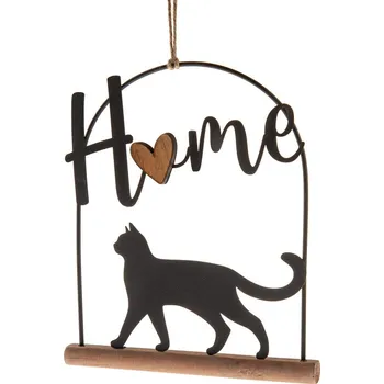 Kovová závěsná dekorace na dřevěném základu Kočka, 16 x 18 cm, černá