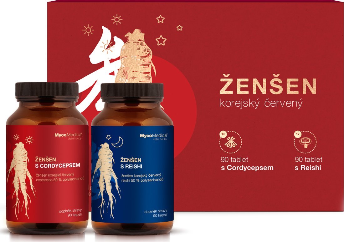 MycoMedica Korejský ženšen pravý červený s Cordycepsem 90 cps. + s Reishi 90 cps.