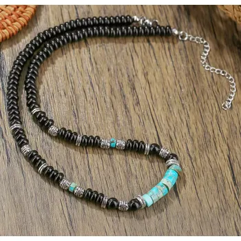 Náhrdelník B-TOP Pánský náhrdelník z černých a tyrkenitových korálků se stříbrnými detaily