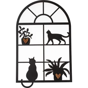 Kovová dekorace okno s kočkami, 30 x 48 cm, černá