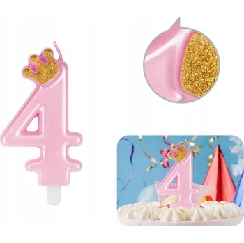 Svíčka NAROZENINOVÁ SVÍČKA RŮŽOVÁ S BROKÁTOVOU KORUNKOU číslice 4 dekorace dort DS