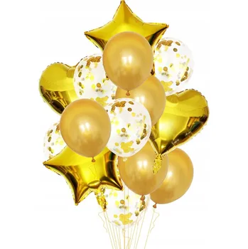 Balónek BALÓNKY velký SET zlatých balónků zlaté KONFETY HVĚZDA srdce 14ks