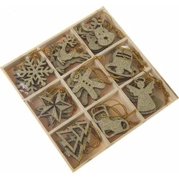 Vánoční ozdoba Sada vánočních dřevěných ozdob v krabičce 36 ks, zlatá