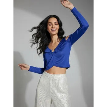 Dámská halenka Sinsay - Sametová halenka s odhalenými rameny a řasením u výstřihu - modrá - 7795J-54X - 7795J-54X-S