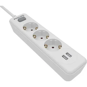 Kabel Philips SPN3032WA/60 bílý prodlužovací kabel 3 zásuvky + 2x USB, vypínač, 2 m