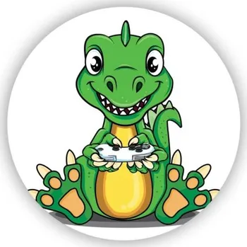 Dekorativní magnet Magnetka 60x60mm ve tvaru kruhu - veselý dino s ovladačem