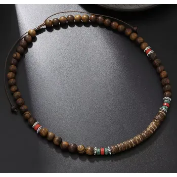 Náhrdelník B-TOP Pánský náhrdelník z dřevěných a kokosových korálků s červenými detaily Hnědá